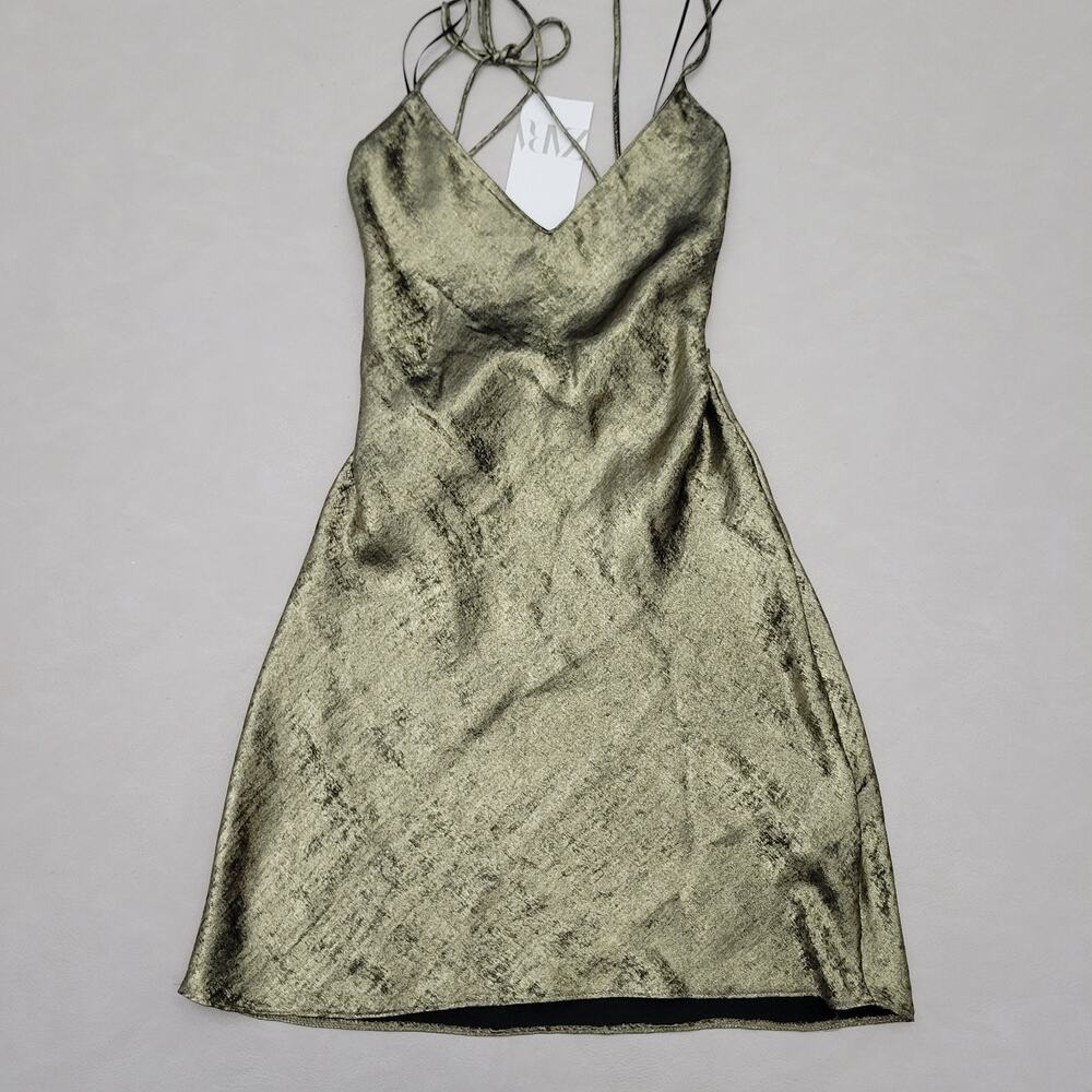 New Zara Gold Metallic Foil Slip Mini Dress Spaghetti Strap Sz XS Open Back tie